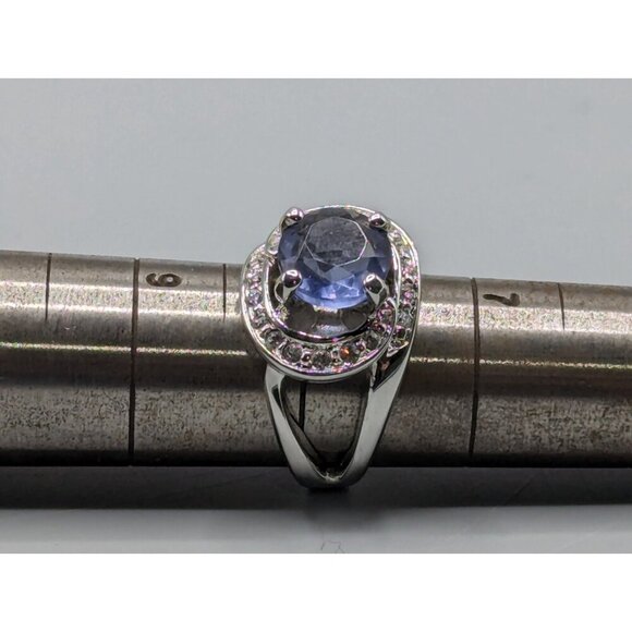 Nolan Miller Statement Ring Faux Blue Sapphire Clear Crystals Size 8 Pave - Picture 6 of 6